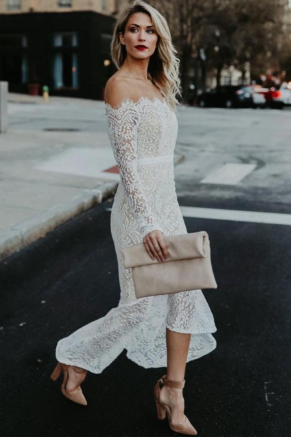 Mermaid Off-the-Shoulder High Low Lace Wedding Dress with Long Sleeves WD278 - Image 2