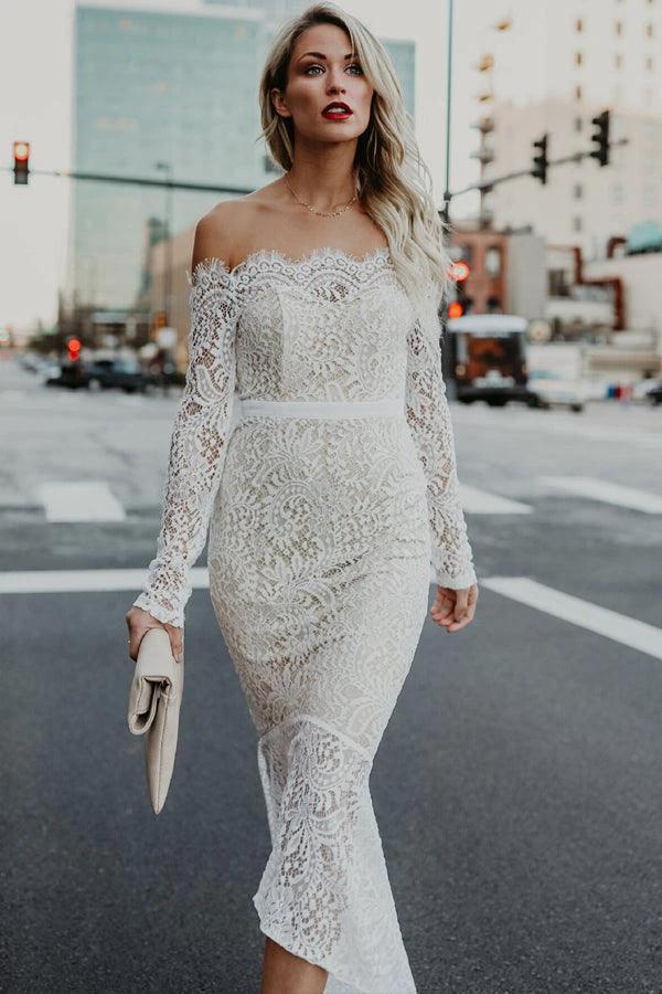 Mermaid Off-the-Shoulder High Low Lace Wedding Dress with Long Sleeves WD278 - Image 3