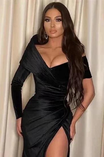 Mermaid Off-The-Shoulder Long Sleeve Black Prom Dress With Slit - Image 2