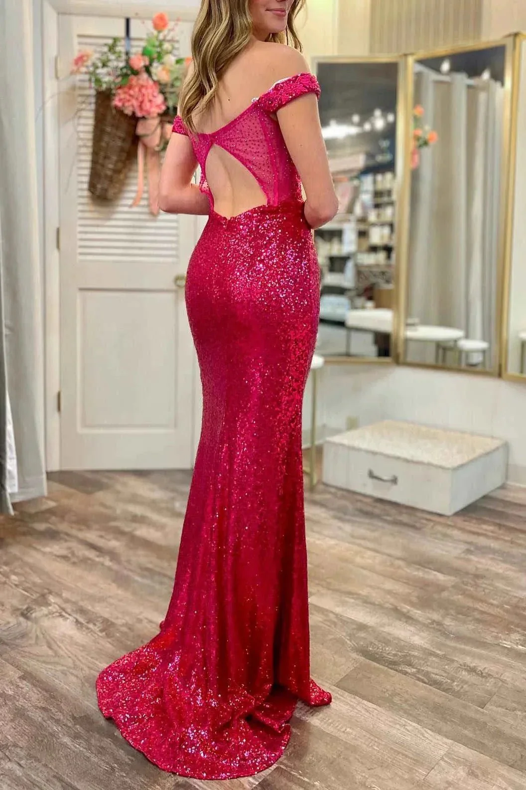 Amy | Mermaid Off the Shoulder Magenta Sequin Prom Dress with Appliques - Image 3