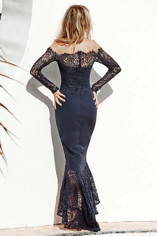 Mermaid Off-the-Shoulder Navy Blue Bridesmaid Dress with Lace BD068 - Image 2