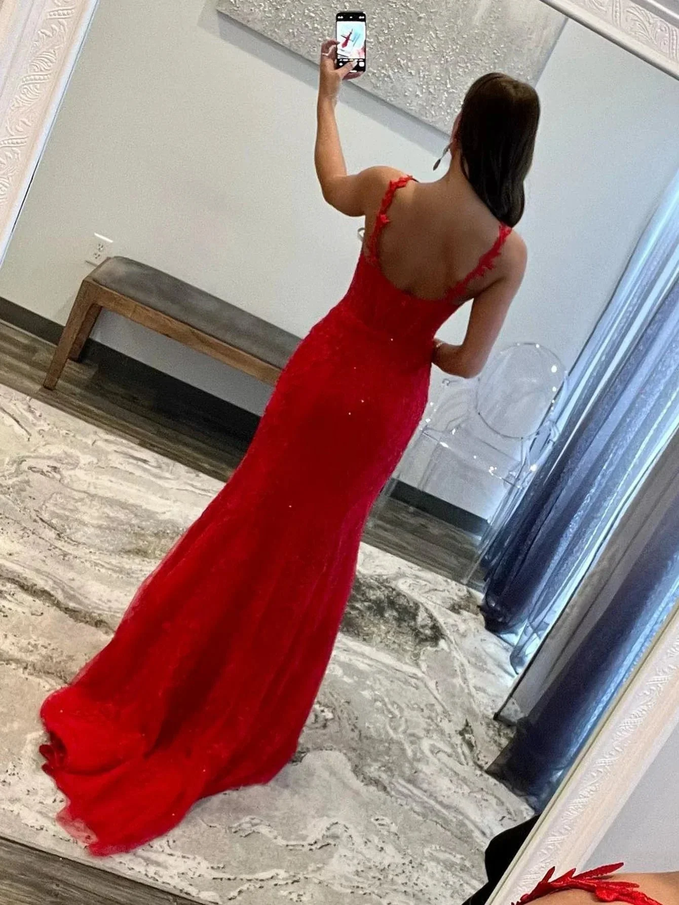 Morgan |Red Mermaid Halter Lace Mermaid Long Prom Dress - Image 2