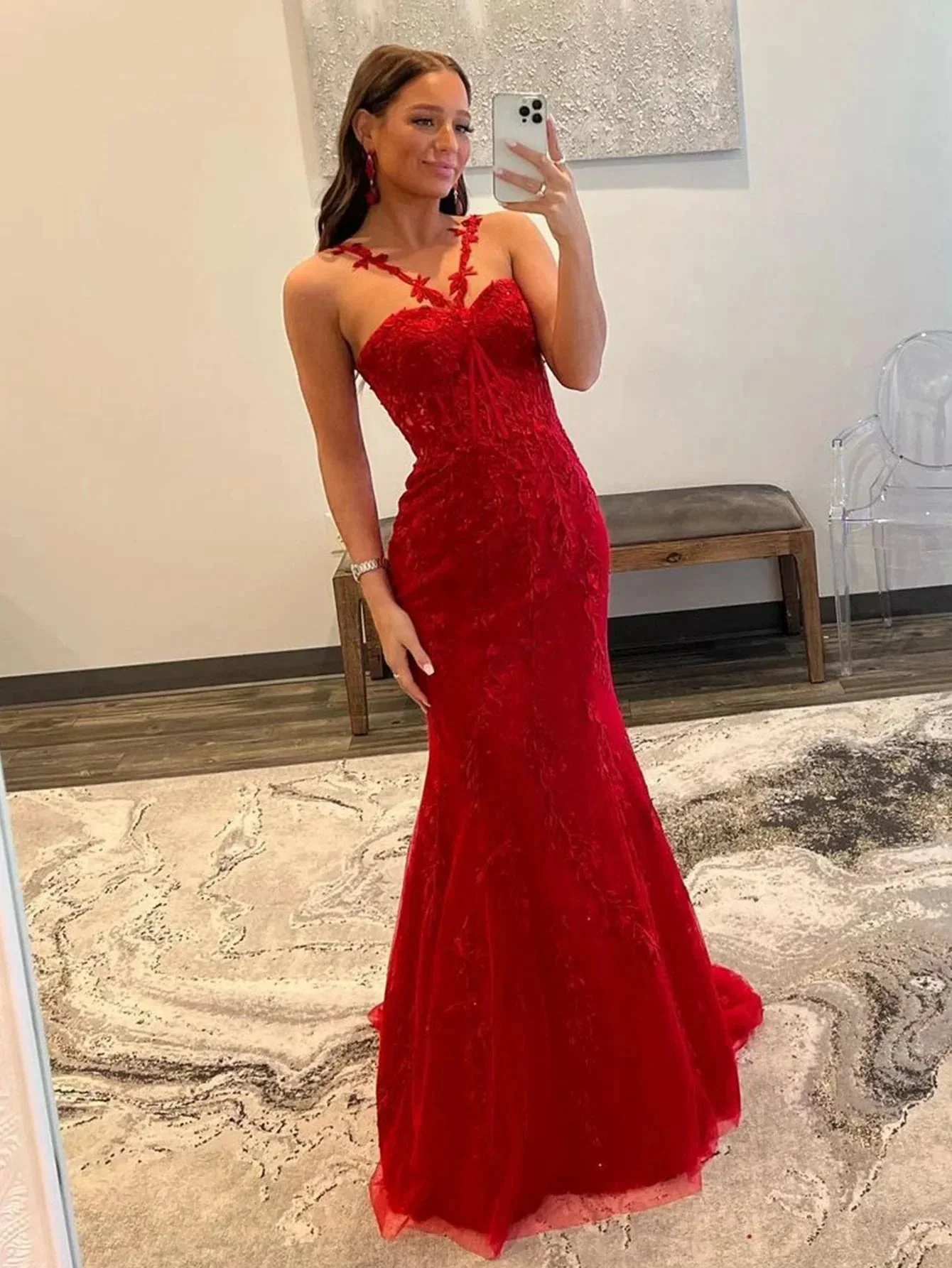 Morgan |Red Mermaid Halter Lace Mermaid Long Prom Dress - Image 4