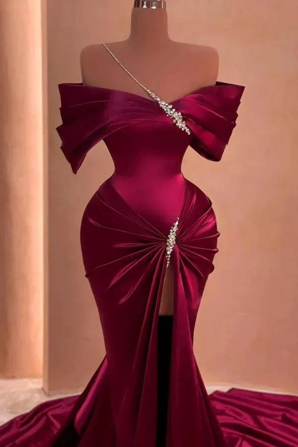 Off-the-shoulder Satin Long Split Front Mermaid Prom Dresses With Beads - Image 2