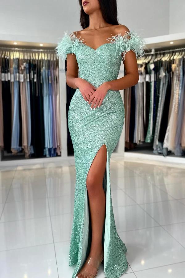 Mermaid Off-the-Shoulder Sequined Fur Long Prom Dresses with Split - Image 2