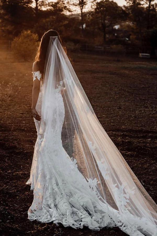 Mermaid Off-the-shoulder Tull Applique Amazing Rustic Wedding Dress WD518 - Image 4
