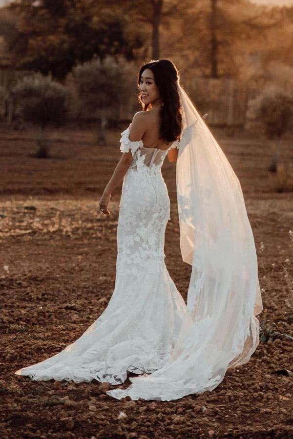 Mermaid Off-the-shoulder Tull Applique Amazing Rustic Wedding Dress WD518 - Image 5
