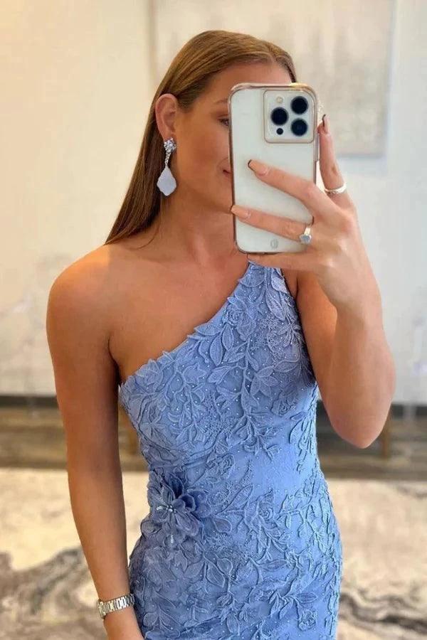 Mermaid One Shoulder Blue Long Lace Prom Evening Dress With Split  PSK412 - Image 3