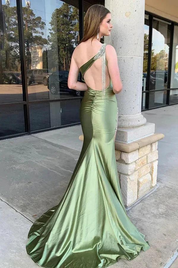 Mermaid One Shoulder Satin Sage Green Prom Dress with Split PSK602 - Image 3