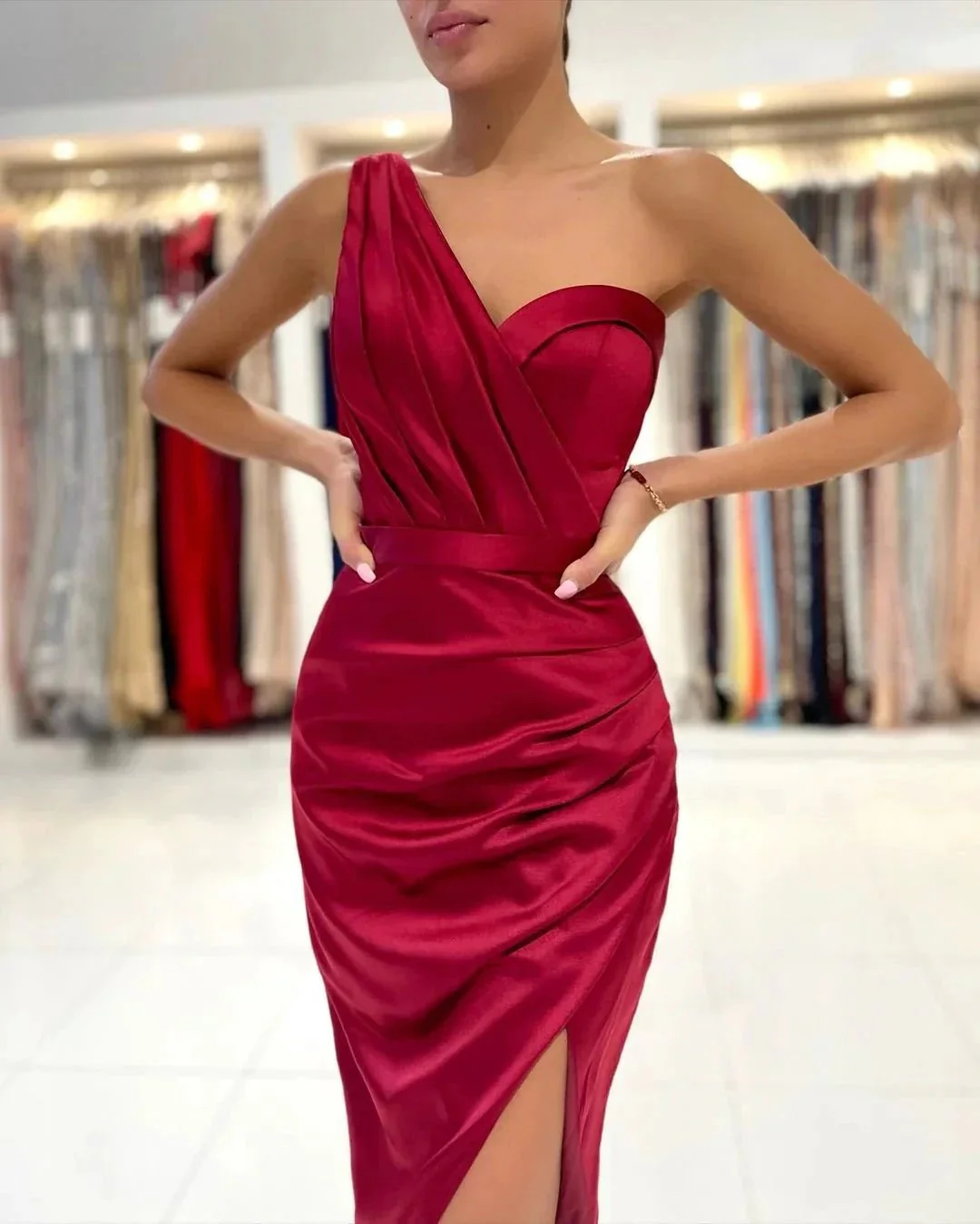 Mermaid One Shoulder Satin Short Prom Dress with slit - Image 4