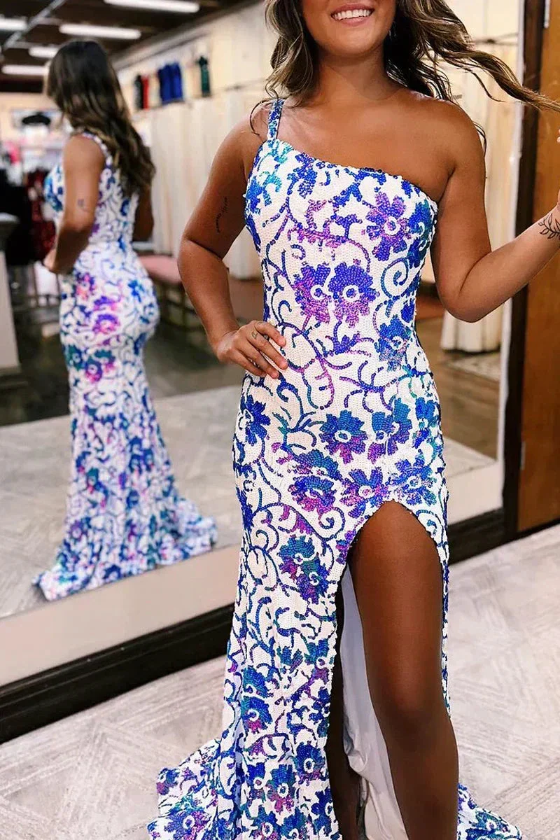 Mermaid One Shoulder Sequin Appliques Long Prom Dresses with Slit - Image 2