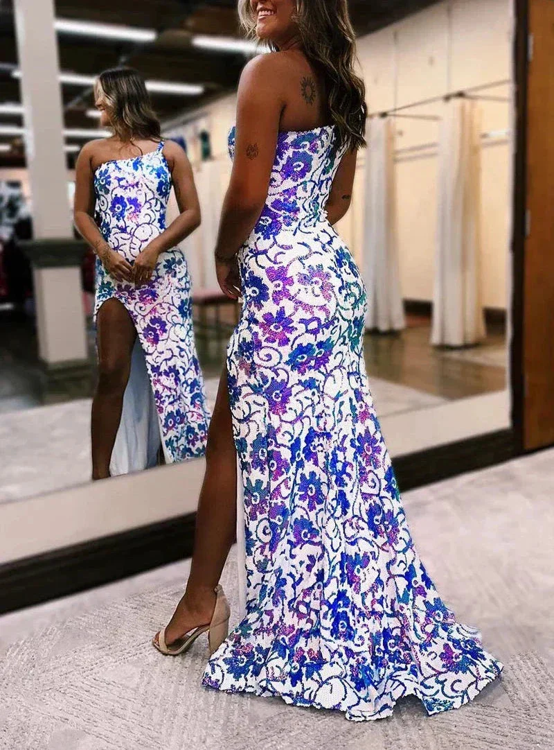 Mermaid One Shoulder Sequin Appliques Long Prom Dresses with Slit - Image 3