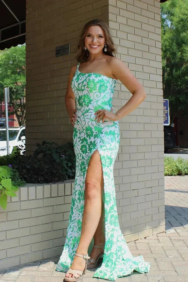 Mermaid One Shoulder Sequin Appliques Long Prom Dresses with Slit - Image 4