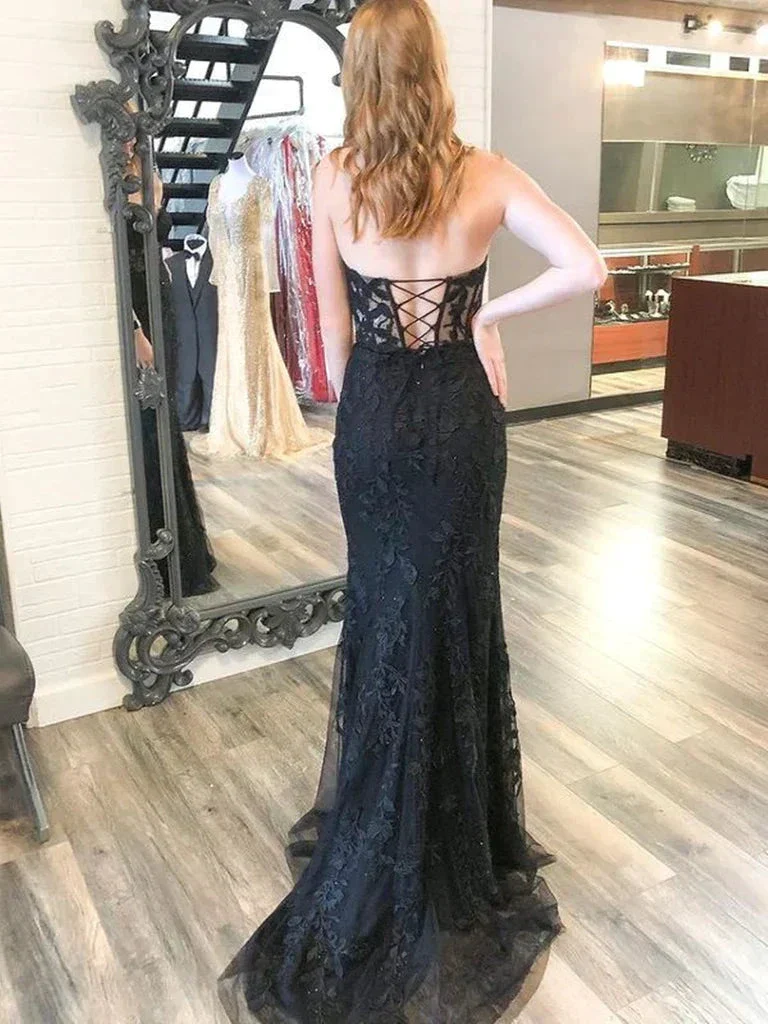 Mermaid Open Back Black Lace Long Prom Dresses, Strapless Black Formal Dresses, Black Lace Evening Dresses Y1794 - Image 2