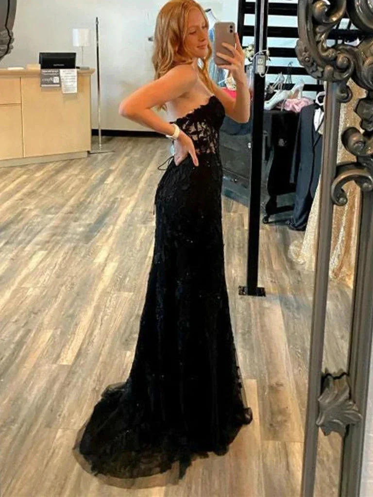 Mermaid Open Back Black Lace Long Prom Dresses, Strapless Black Formal Dresses, Black Lace Evening Dresses Y1794 - Image 3