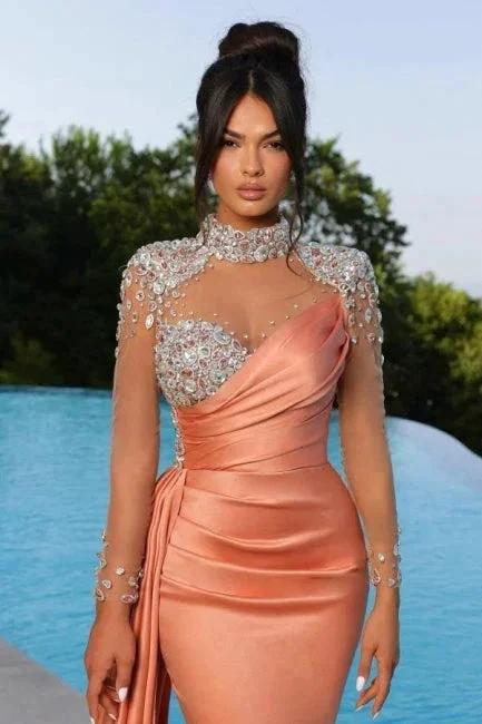 Mermaid Orange Floor-Length High Neck Sweetheart Long Sleeve Prom Dresses with Beadings - Image 2