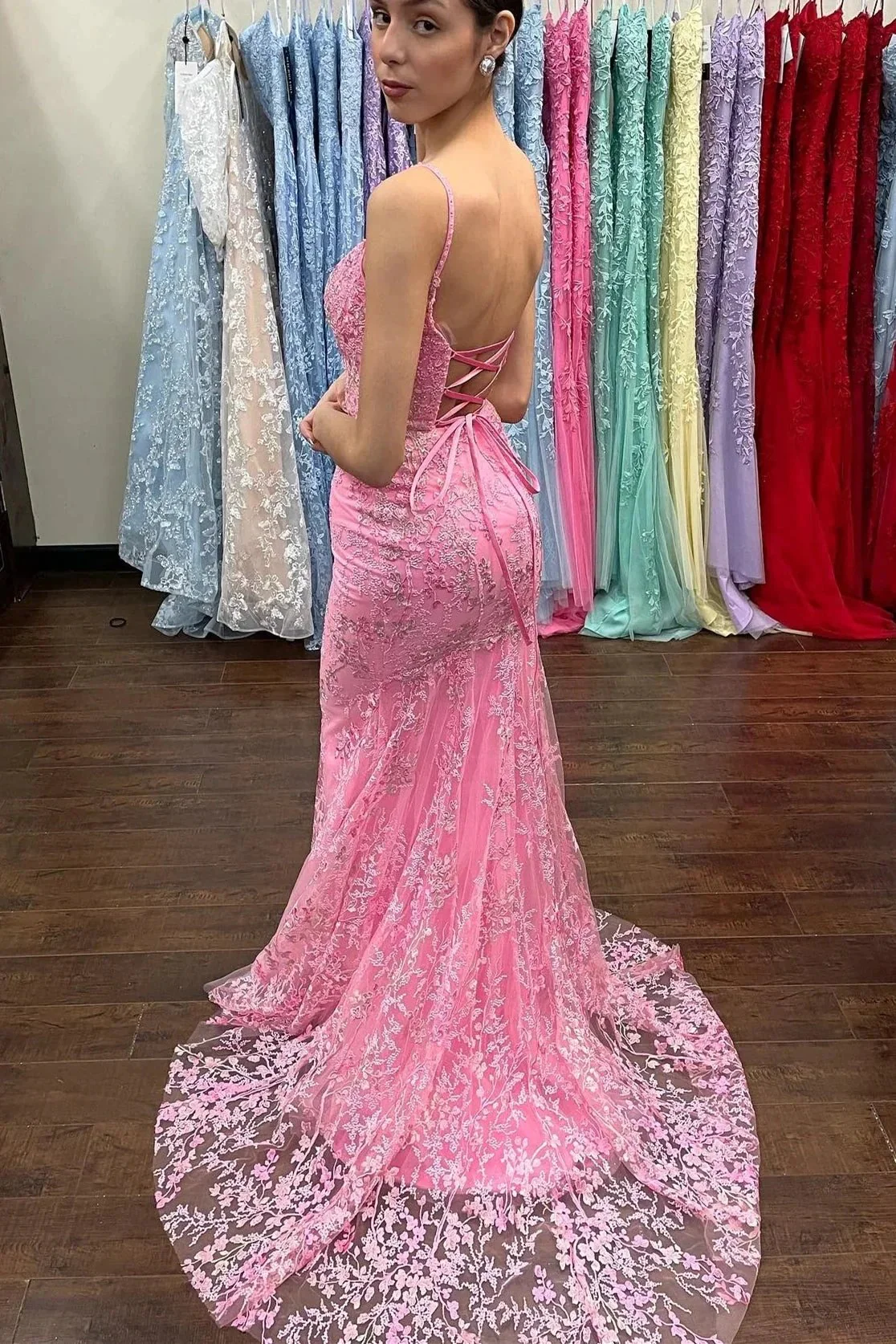 Azariah | Mermaid Pink Lace Appliques Long Prom Dress - Image 2
