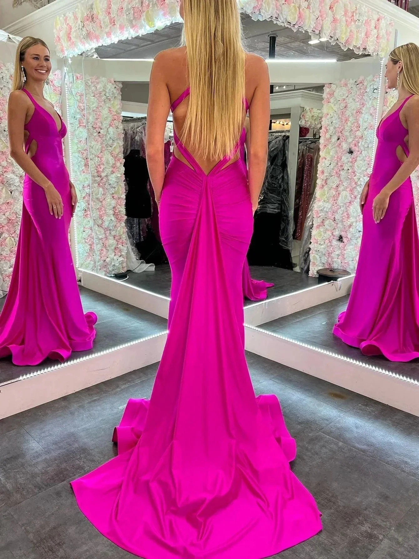 Angela |Mermaid Pink V Neck Backless Satin Long Prom Dress - Image 2