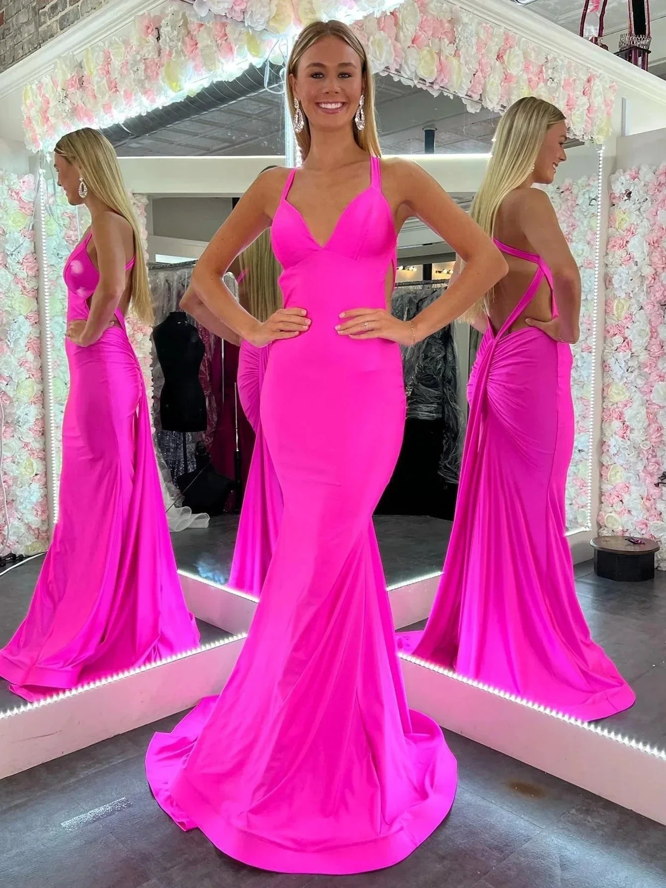 Angela |Mermaid Pink V Neck Backless Satin Long Prom Dress - Image 3