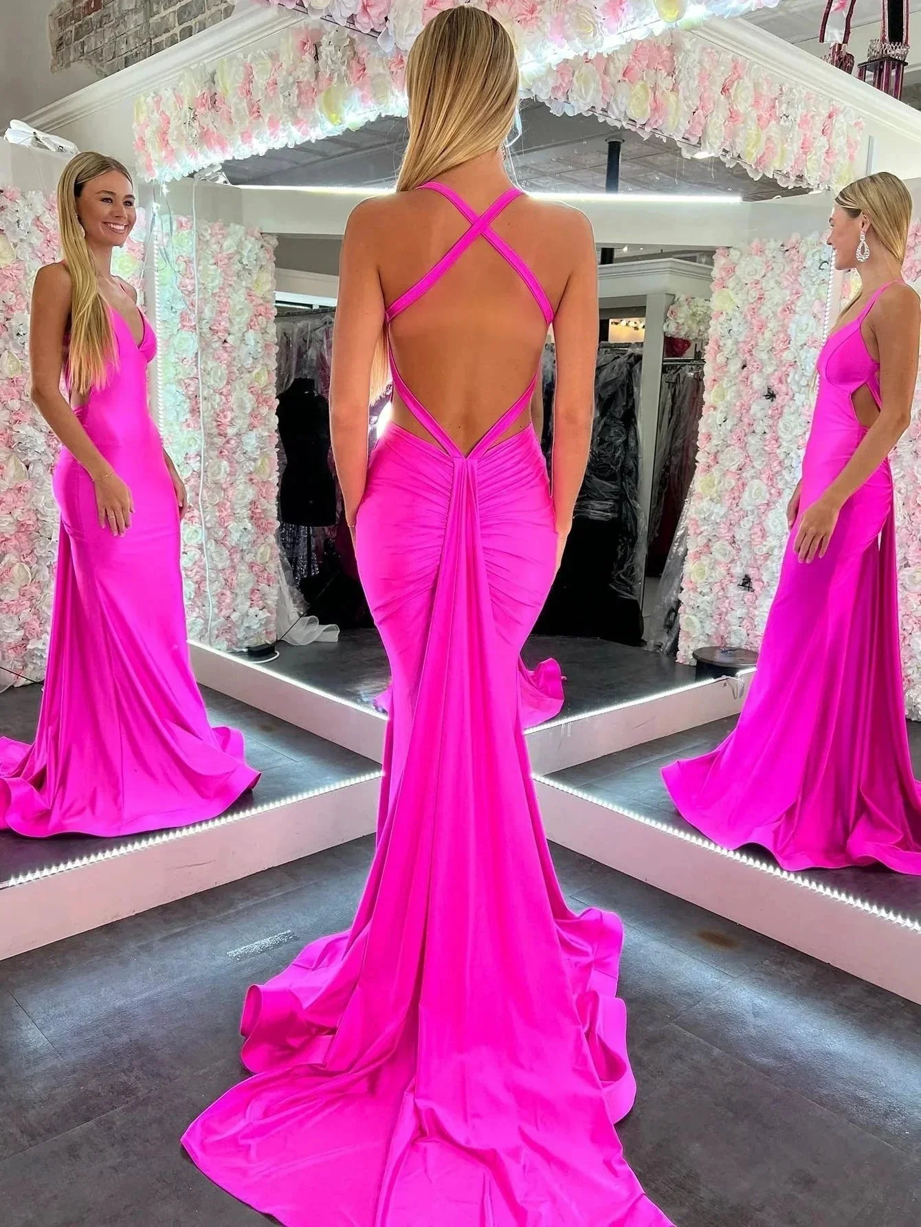 Angela |Mermaid Pink V Neck Backless Satin Long Prom Dress - Image 4