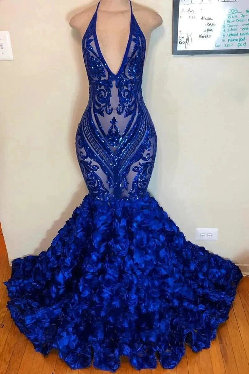 mermaid prom dresses ,royal blue evening dresses, hand made flowers prom dress, new prom dresses, arabic evening dress Y1198 - Image 2