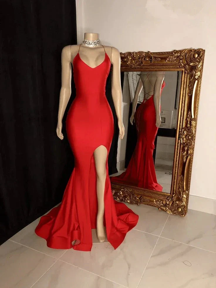 Mermaid Red Simple Evening Dress With Slit  Y381 - Image 2