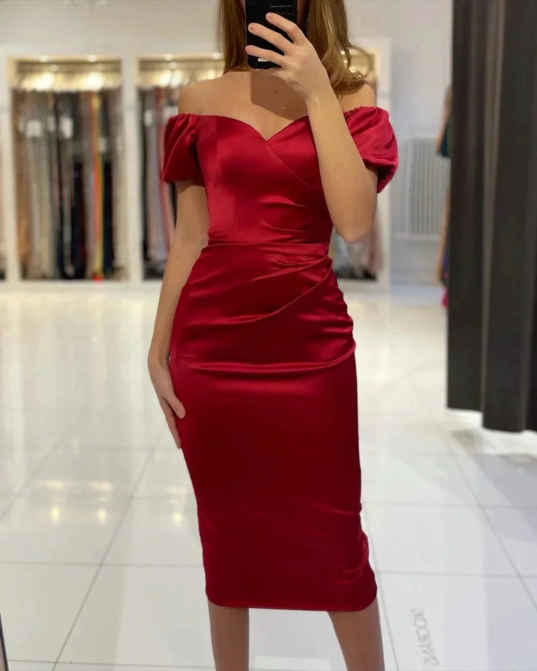 Mermaid Satin Off the Shoulder Short Prom Dresses with Sleeves - Image 2