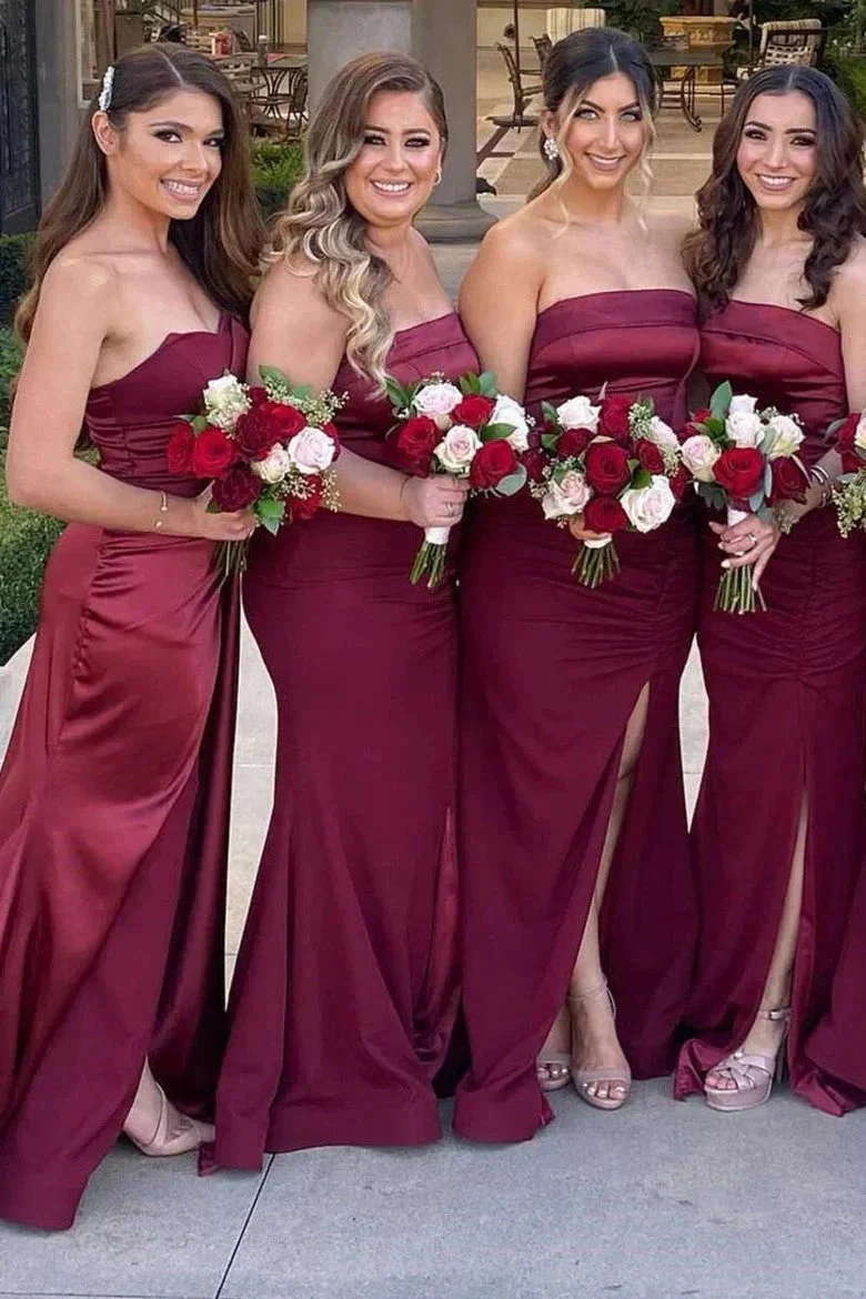 Mermaid Satin Strapless Burgundy Bridesmaid Dress with Slit BD126 - Image 3
