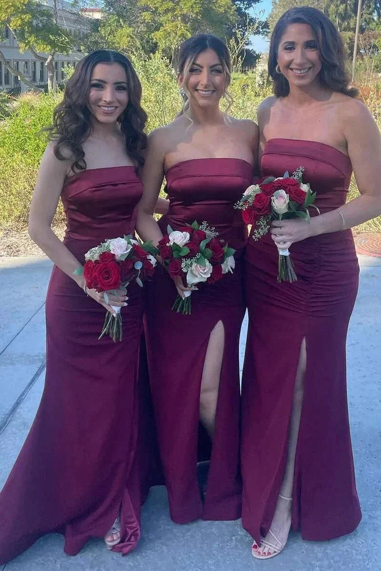 Mermaid Satin Strapless Burgundy Bridesmaid Dress with Slit BD126 - Image 4