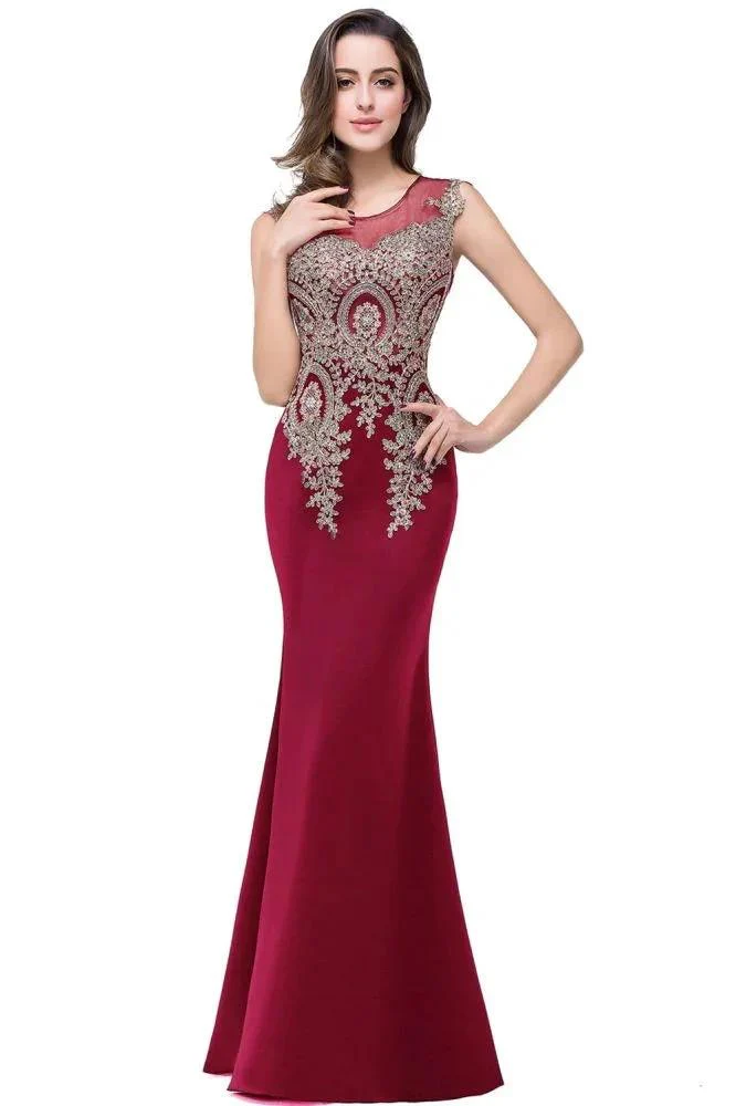 Mermaid Scoop Floor Length Plus size Sleeveless Appliques Burgundy Evening Dresses - Image 10