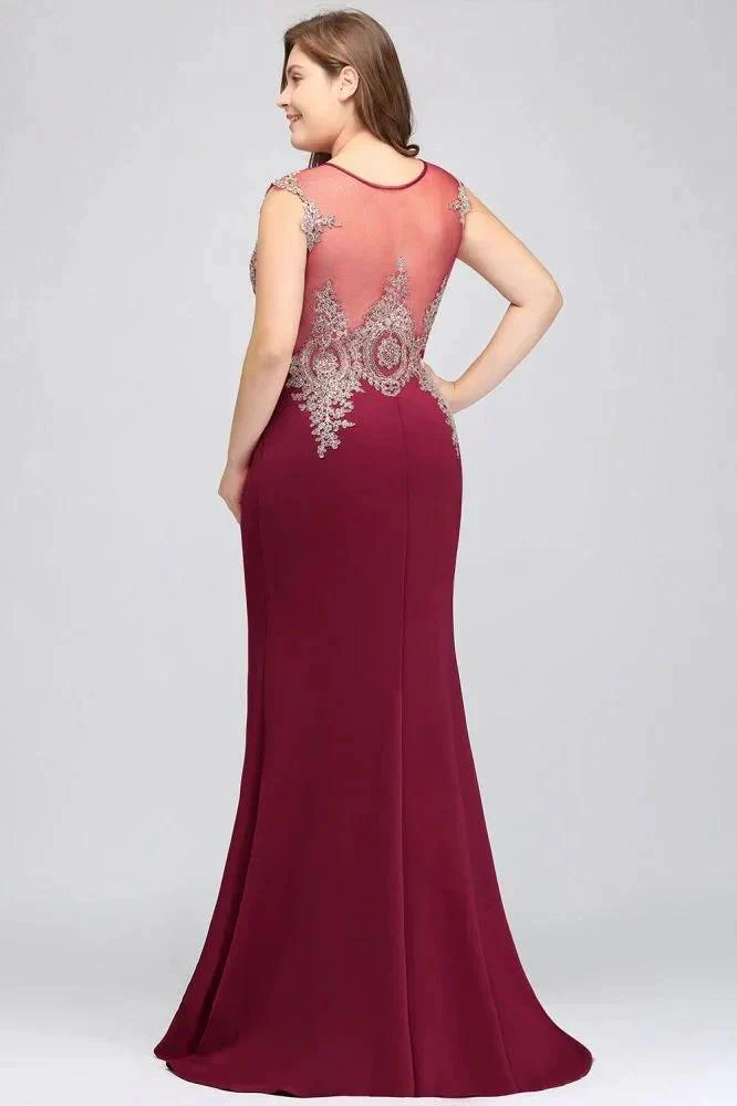Mermaid Scoop Floor Length Plus size Sleeveless Appliques Burgundy Evening Dresses - Image 2