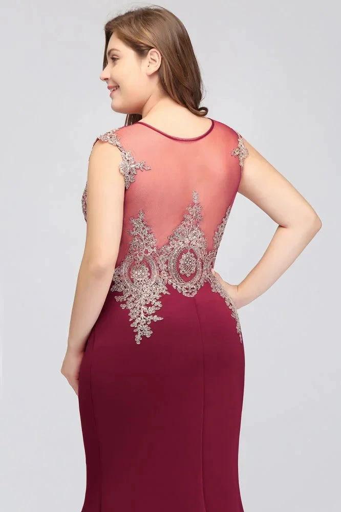 Mermaid Scoop Floor Length Plus size Sleeveless Appliques Burgundy Evening Dresses - Image 3