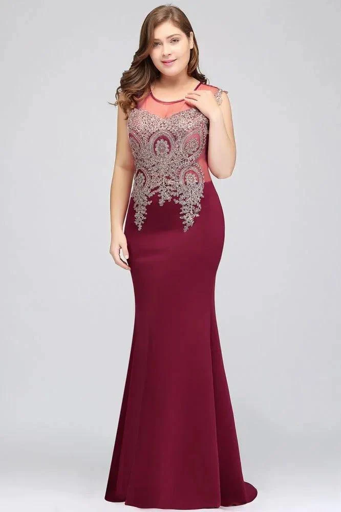 Mermaid Scoop Floor Length Plus size Sleeveless Appliques Burgundy Evening Dresses - Image 5