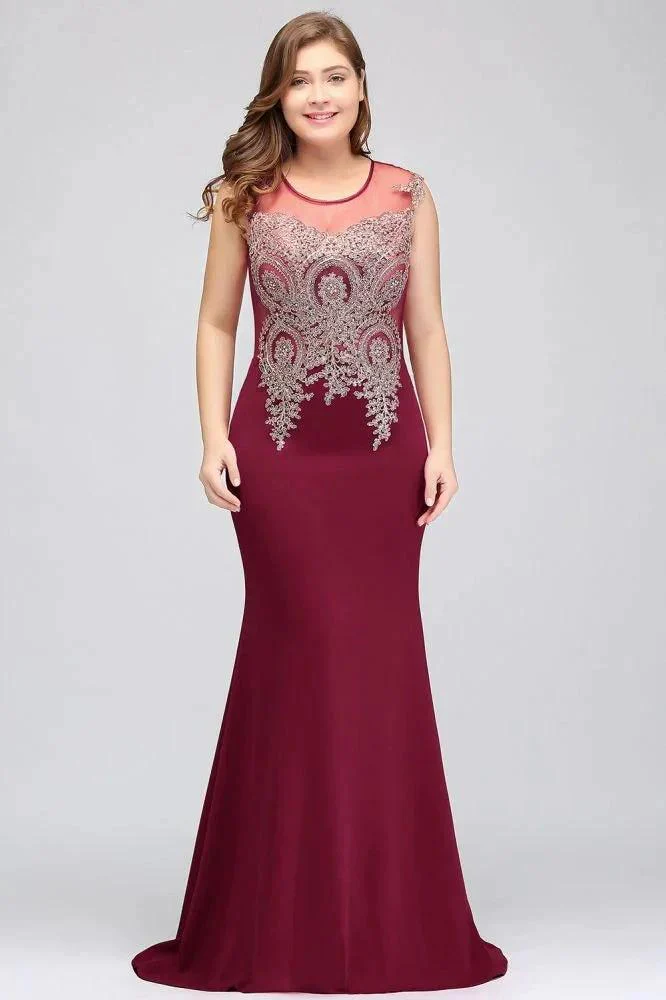 Mermaid Scoop Floor Length Plus size Sleeveless Appliques Burgundy Evening Dresses - Image 6