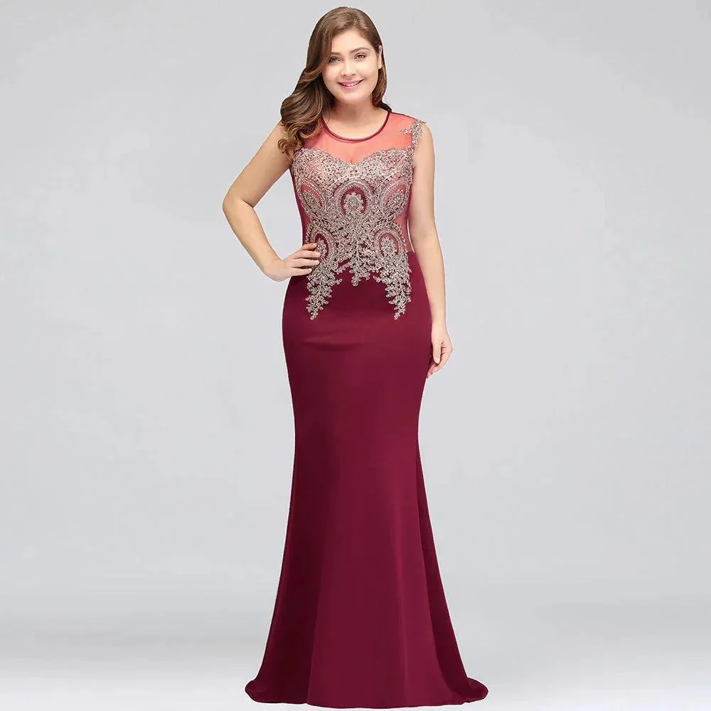 Mermaid Scoop Floor Length Plus size Sleeveless Appliques Burgundy Evening Dresses - Image 7