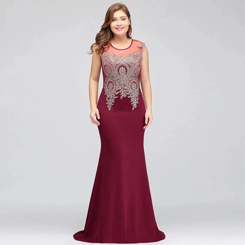 Mermaid Scoop Floor Length Plus size Sleeveless Appliques Burgundy Evening Dresses - Image 8