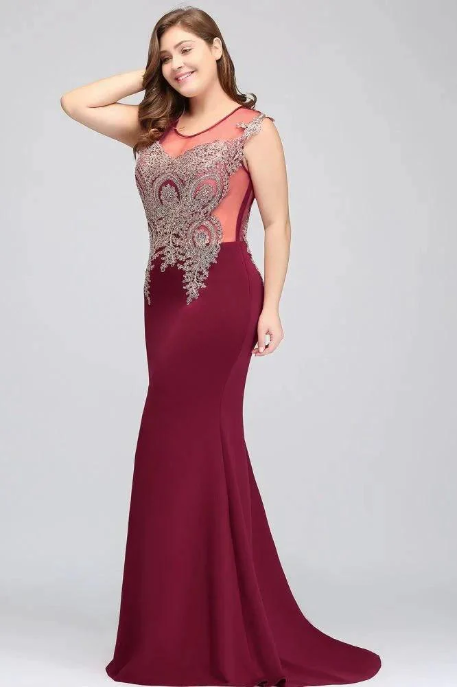 Mermaid Scoop Floor Length Plus size Sleeveless Appliques Burgundy Evening Dresses - Image 9