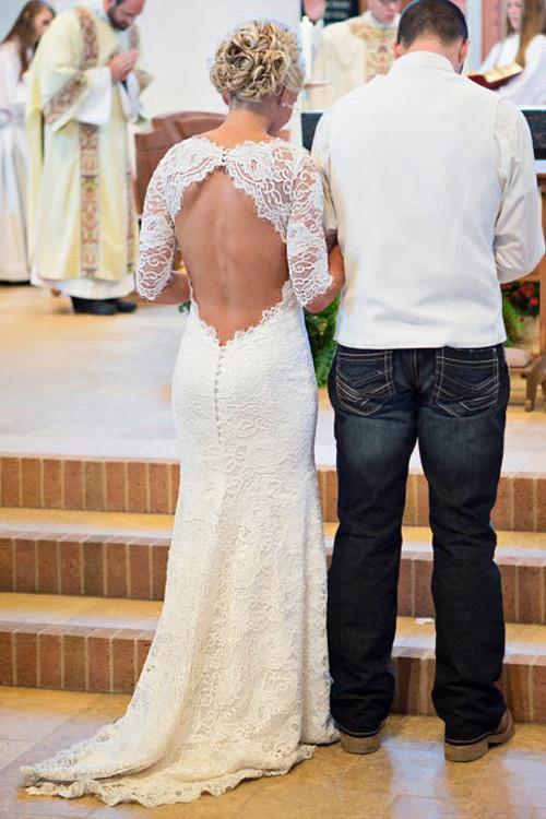 Mermaid Scoop Open Back Long Sleeves Wedding Dresses With Appliques WD004 - Image 2