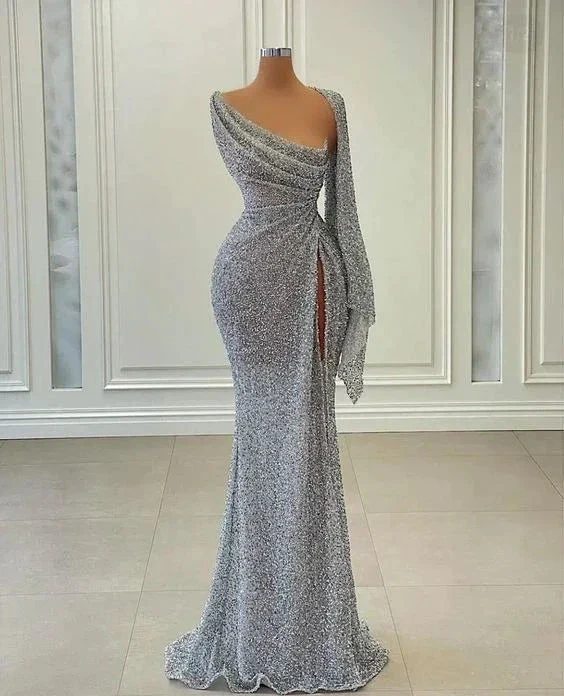 Mermaid Sequin Long Prom Dress Irregular Neckline Charming Evening Gown Y269 - Image 2