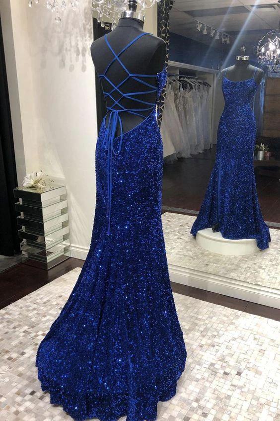 Mermaid Sequins Long Prom Dresses, Royal Blue Backless Evening Dresses Y1898 - Image 2