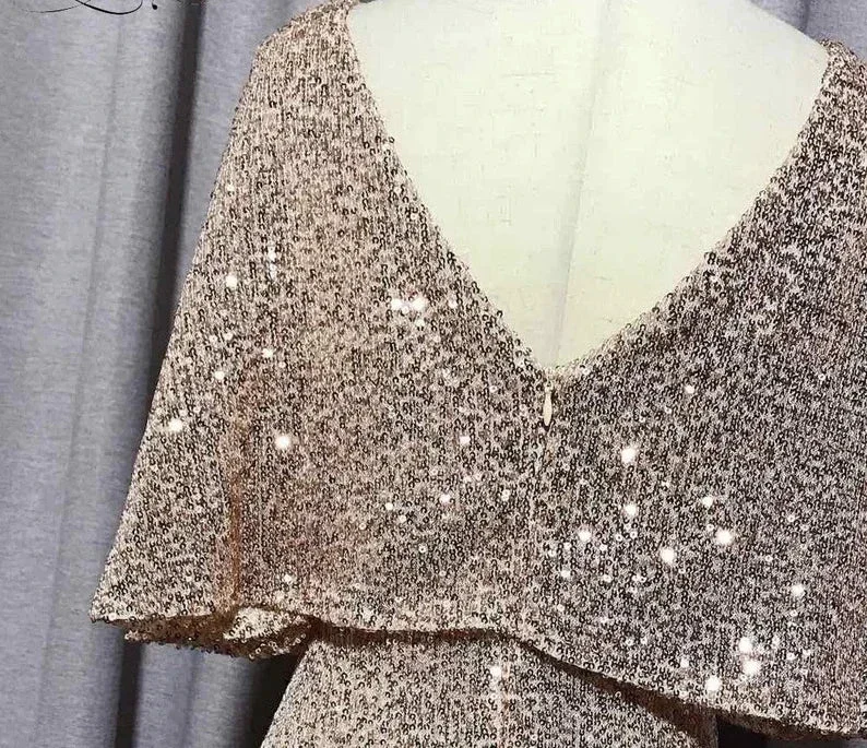 Mermaid Short Sleeves Sexy V Neck Evening Dress, Elegant Glitter Bat Sleeves Formal Party Dress Y1390 - Image 2
