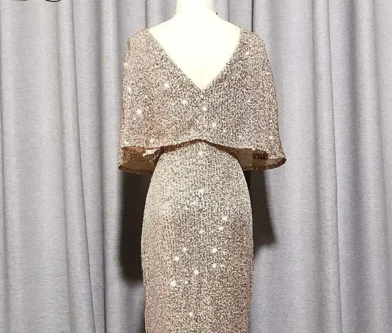 Mermaid Short Sleeves Sexy V Neck Evening Dress, Elegant Glitter Bat Sleeves Formal Party Dress Y1390 - Image 3