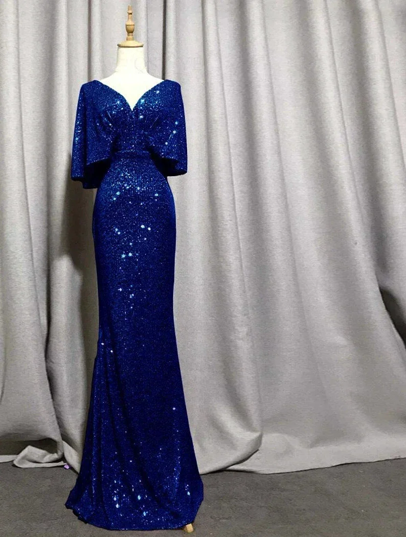 Mermaid Short Sleeves Sexy V Neck Evening Dress, Elegant Glitter Bat Sleeves Formal Party Dress Y1390 - Image 4