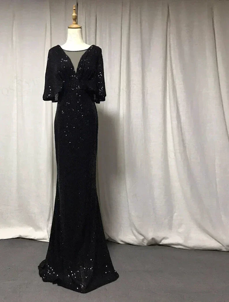 Mermaid Short Sleeves Sexy V Neck Evening Dress, Elegant Glitter Bat Sleeves Formal Party Dress Y1390 - Image 5
