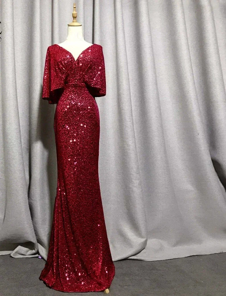 Mermaid Short Sleeves Sexy V Neck Evening Dress, Elegant Glitter Bat Sleeves Formal Party Dress Y1390 - Image 6