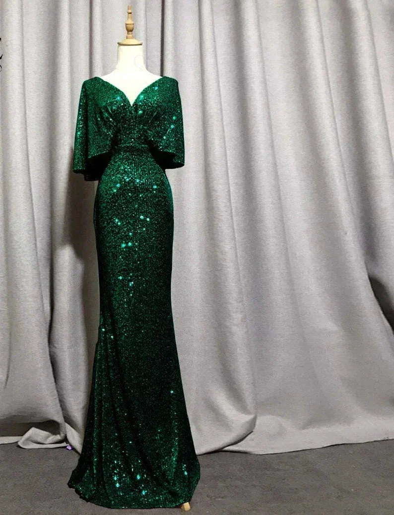 Mermaid Short Sleeves Sexy V Neck Evening Dress, Elegant Glitter Bat Sleeves Formal Party Dress Y1390 - Image 7