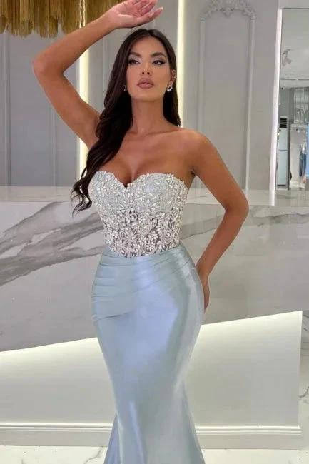 Mermaid Sky Blue Stain Sleeveless Sweetheart Floor-Length Prom Dress with Beadings - Image 2
