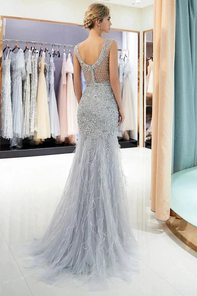 Mermaid Sleeveless Illusion Neckline Crystal Sqeuined Tulle Evening Dress - Image 2