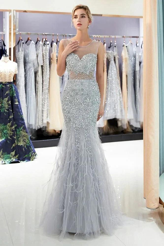 Mermaid Sleeveless Illusion Neckline Crystal Sqeuined Tulle Evening Dress - Image 3