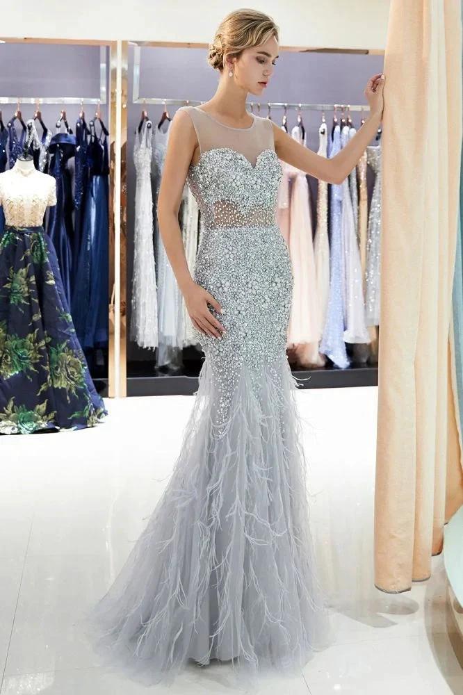 Mermaid Sleeveless Illusion Neckline Crystal Sqeuined Tulle Evening Dress - Image 4